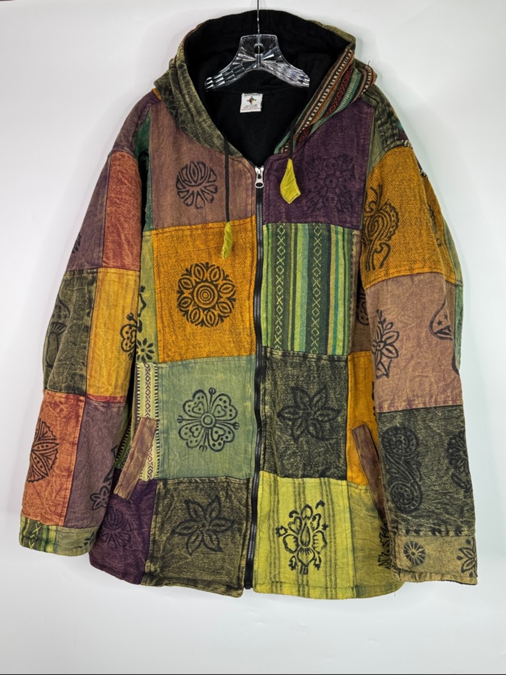 Katmandu Fleece Lined Hooded Boho Hippie Full Zip Patchwork Jacket Large